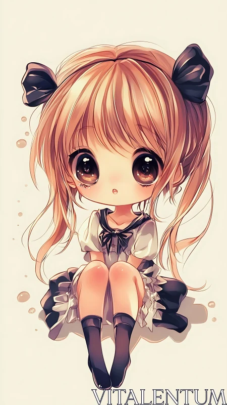 Adorable chibi girl sits shyly in soft pastel light