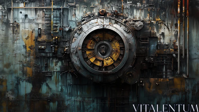 Massive rusted industrial vault door dominates corroded wall