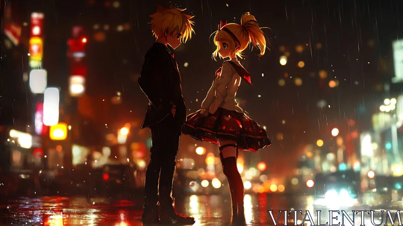 Rain-soaked anime couple under neon-lit bokeh city night.