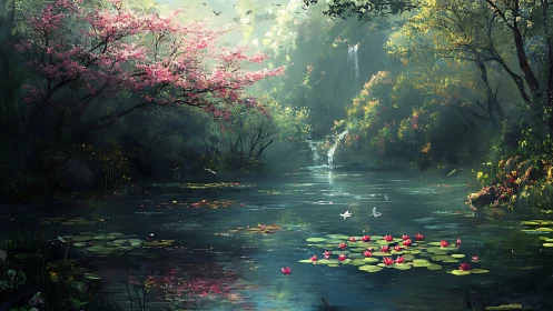 Sunlit forest pond with blooming lilies and soft waterfall.