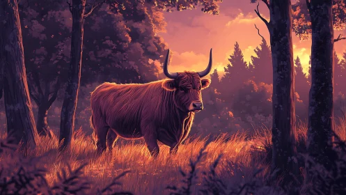 Highland cattle standing in backlit forest clearing at dusk.