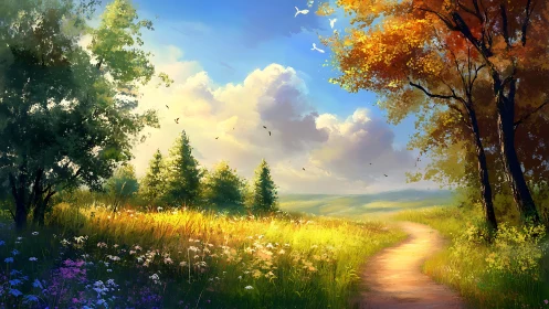 Sunny countryside path winding through bright meadow.