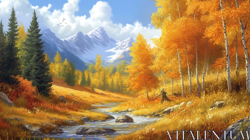 Autumn mountain valley with river, conifers and birch trees.