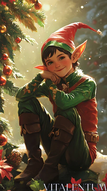 Festive Christmas elf portrait in golden backlit bokeh glow.