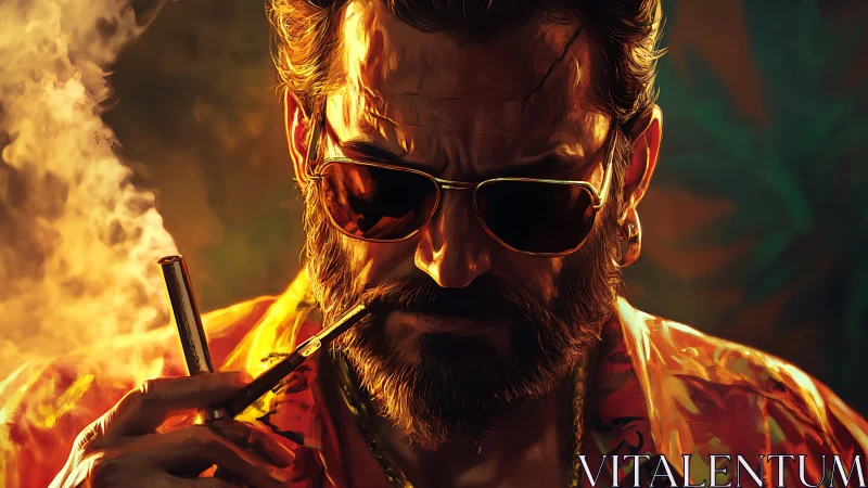 Cinematic portrait of bearded man in sunglasses, lit by ember glow.