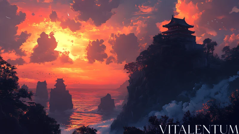 Sunset temple skyline above misty ocean cliffs in ember light.
