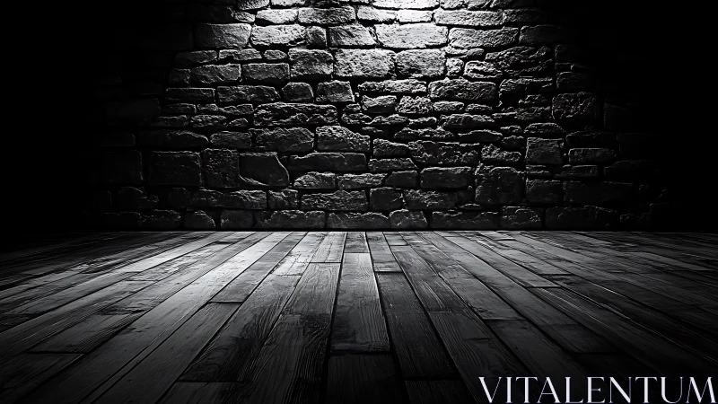 Monochrome stone backdrop with spotlighted timber floor composition.