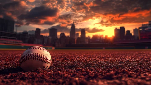 Baseball resting on infield dirt under dramatic sunset.