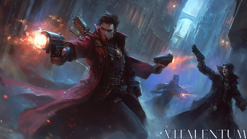 Gun-slinging mage unleashes firepower in a neon alley clash