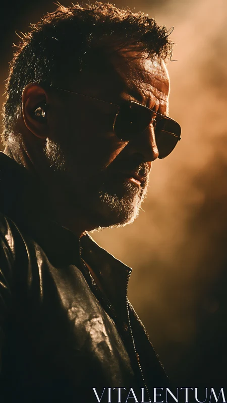 Moody portrait of man in sunglasses under warm stage light.