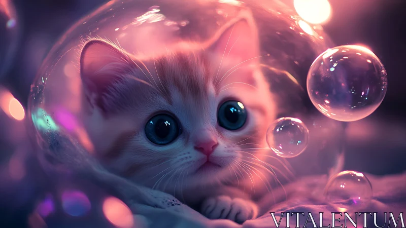 Luminescent Feline Portrait in Iridescent Bubble Environment