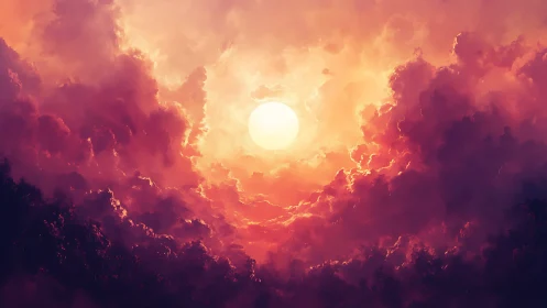 Radiant solar disc penetrates dense vermilion cumulonimbus field