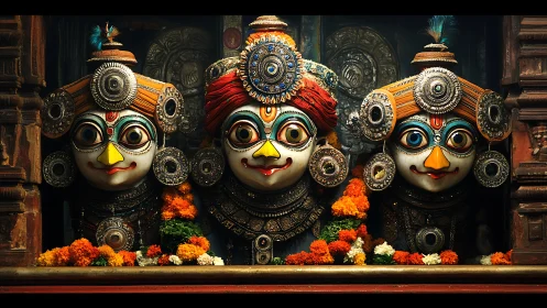 Joyful temple deities glowing in rich colors and flowers.