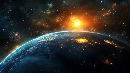 Curved planetary horizon is shown beneath dense star field