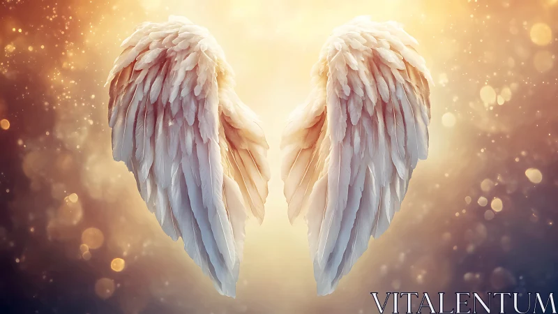 Luminous angel wings drifting through a sunrise of stardust.