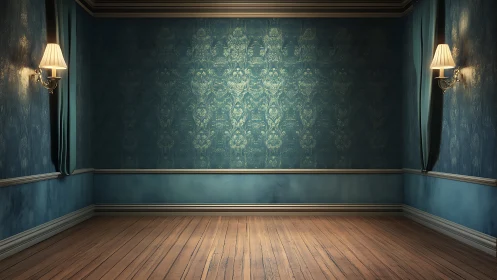 Empty teal room displays patterned wallpaper and wooden floor