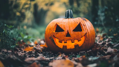 Glowing jack o lantern on forest path in autumn leaves.