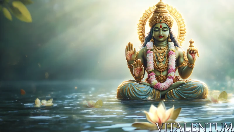 Divine deity statue seated on lotus in glowing water scene.