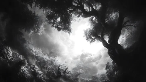 Monochrome forest canopy encircling luminous sky portal.