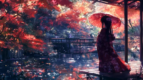 Woman in kimono with parasol observes autumn pond scene