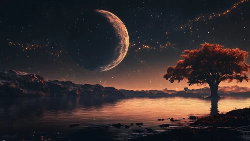 Crescent planet over calm lake and solitary red tree.