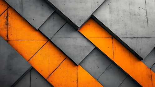 Geometric concrete panels intersect with bold orange diagonals.