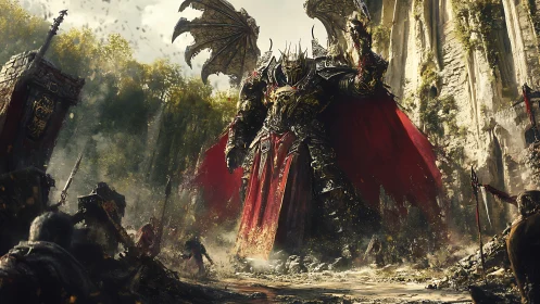 Winged warlord ascends in ember-lit ruin of shattered kingdoms.