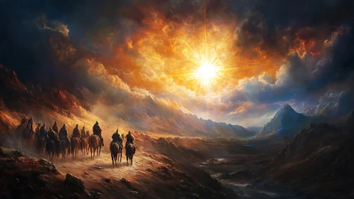 Riders Journey Toward a Blazing Mountain Sunrise.