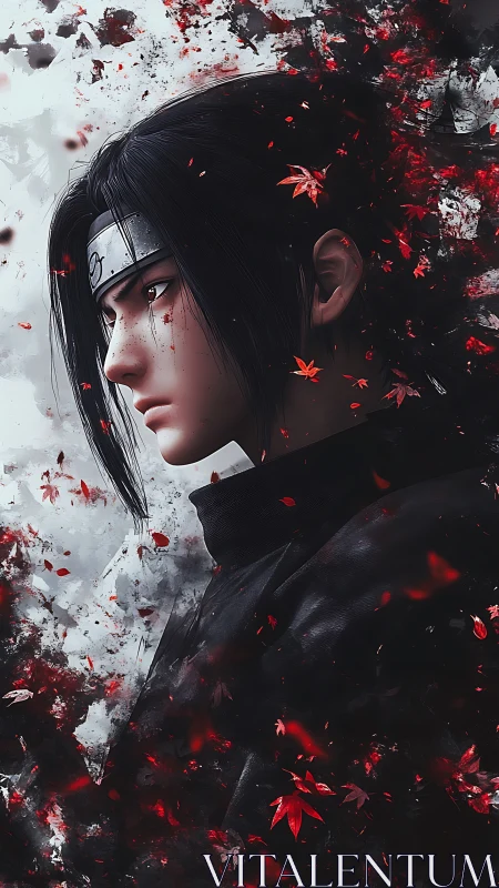 Stoic ninja silhouette framed by drifting crimson leaves.