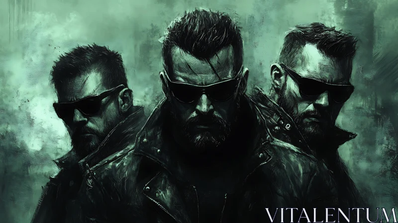Triple cyber renegades in leather under toxic green haze.