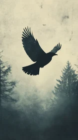 Silhouetted corvid ascends above mist laden conifer forest