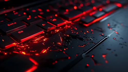 Gaming keyboard glows beneath spilled liquid on dark surface