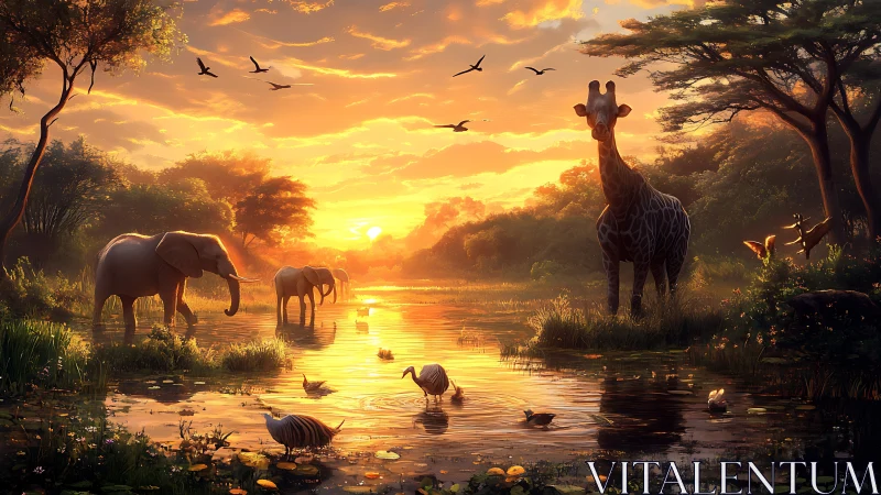 Golden African wildlife at sunset over reflective wetland.