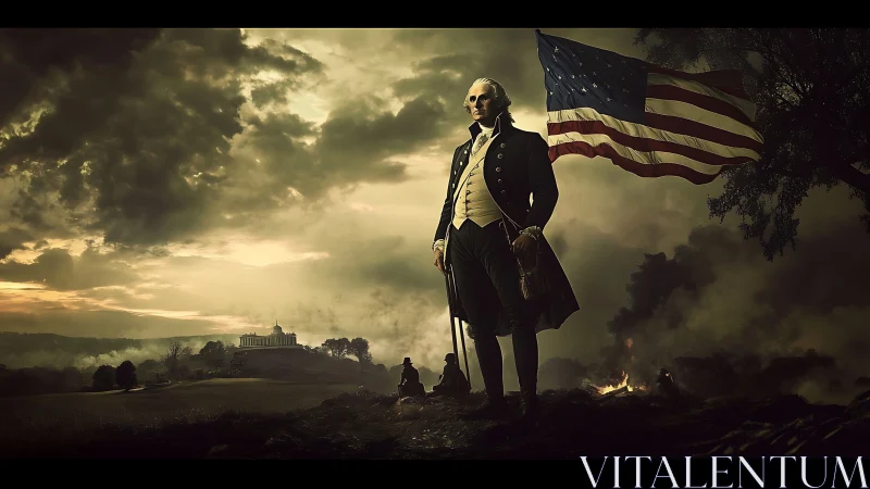 Revolutionary leader silhouette under storm-lit American flag