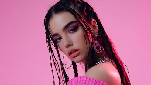 Neon pink portrait with braided wet hair and metallic jewelry