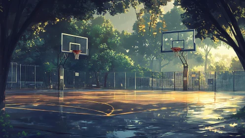Rainwashed hoops breathe quiet gold into the waking park