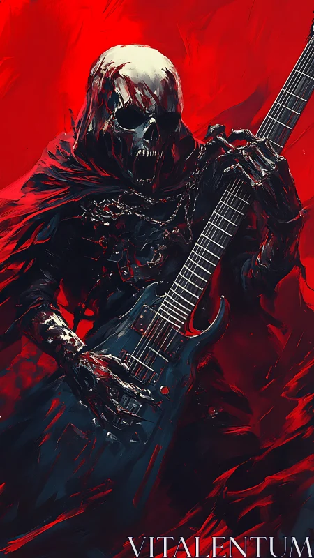 Skeletal metal guitarist in blood red cloak artwork.