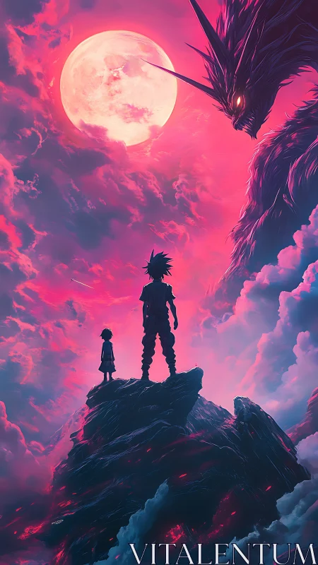 Two figures observe a large horned creature under full moon