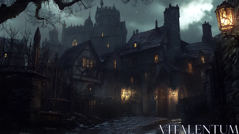 Fog-laden medieval street glows beneath looming castle walls.