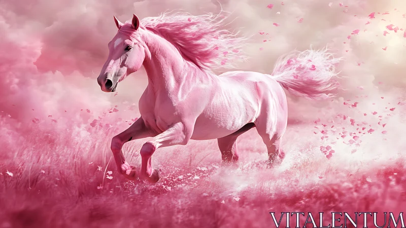 Dreamy pink horse galloping through a cloud of petals.