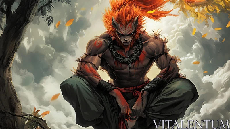 Demonic warrior crouches amid swirling storm clouds.