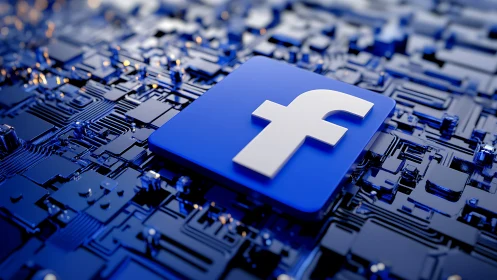 Facebook logo rendered as 3D icon on luminous circuit board