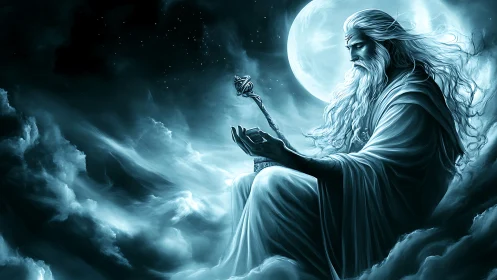 Robe-clad bearded figure with staff seated among clouds.