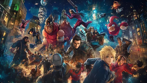 Vibrant anime heroes charge through a restless neon city night.