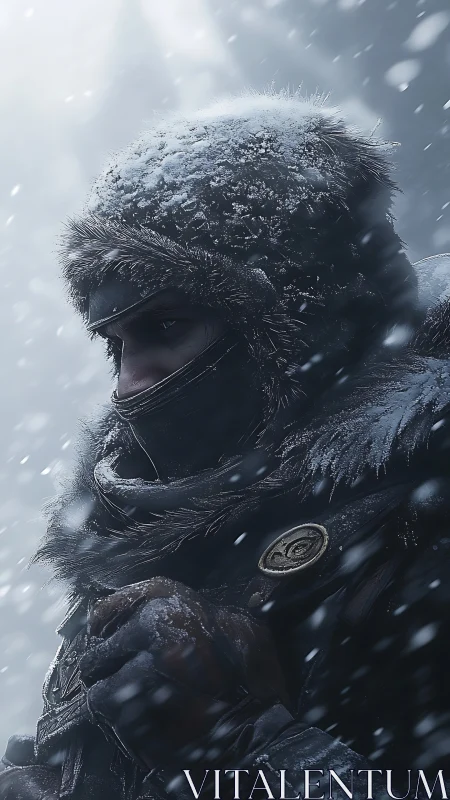 Lone winter wanderer wrapped in fur and swirling snow.