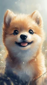 Sunlit puppy smile in a dreamy field of gentle light.