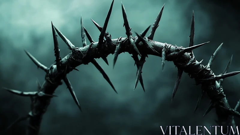 Moody arch of thorns curving through misty teal gloom.