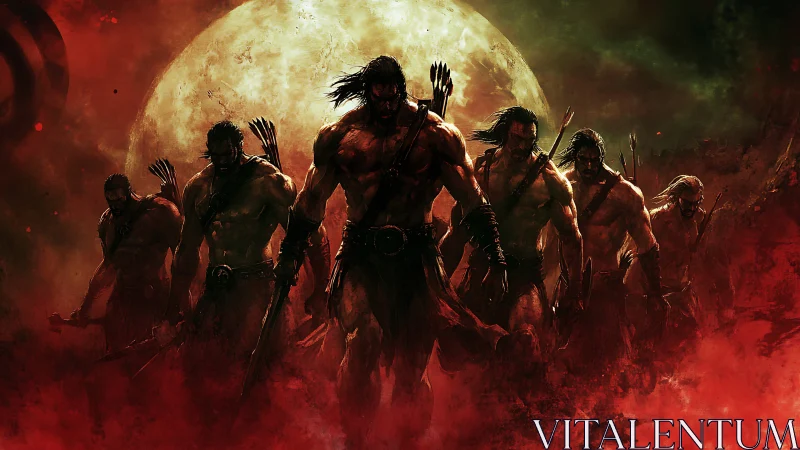 Lunar-backlit barbarian warband in blood-red atmospheric haze.