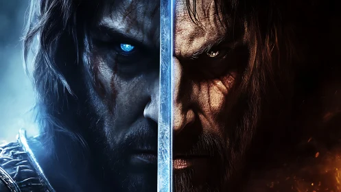 Dual warrior portrait split by glowing sword edge.