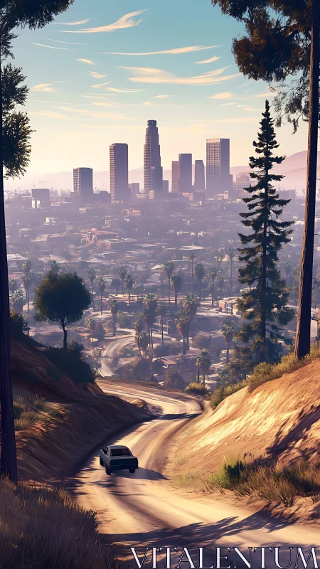 Hilly dirt road descending toward hazy downtown skyline.